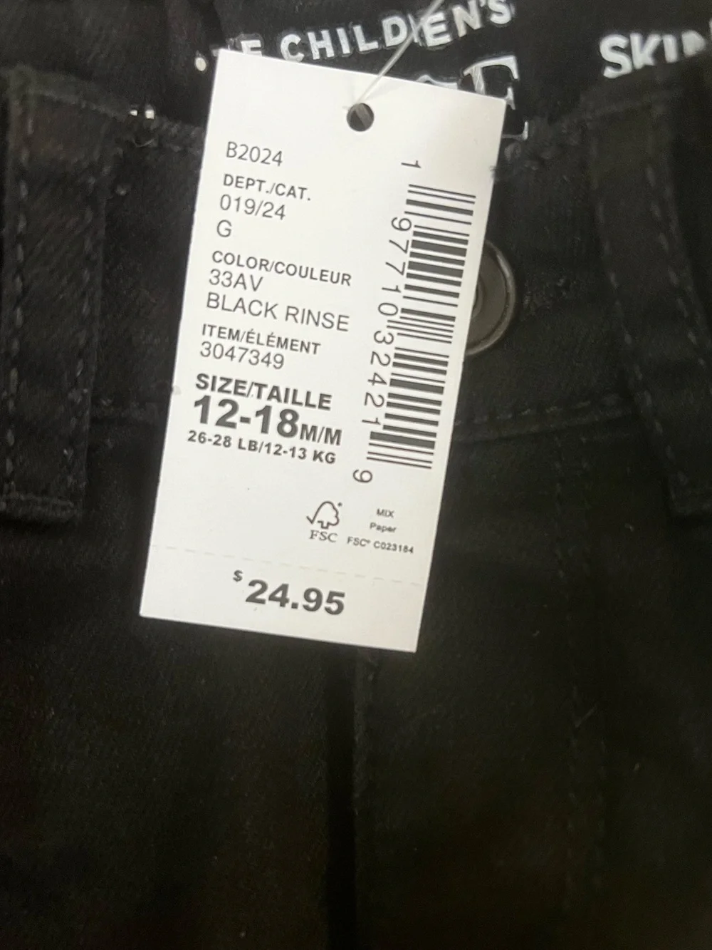 NEW The children’s place toddler black jeans size: 12-18 months